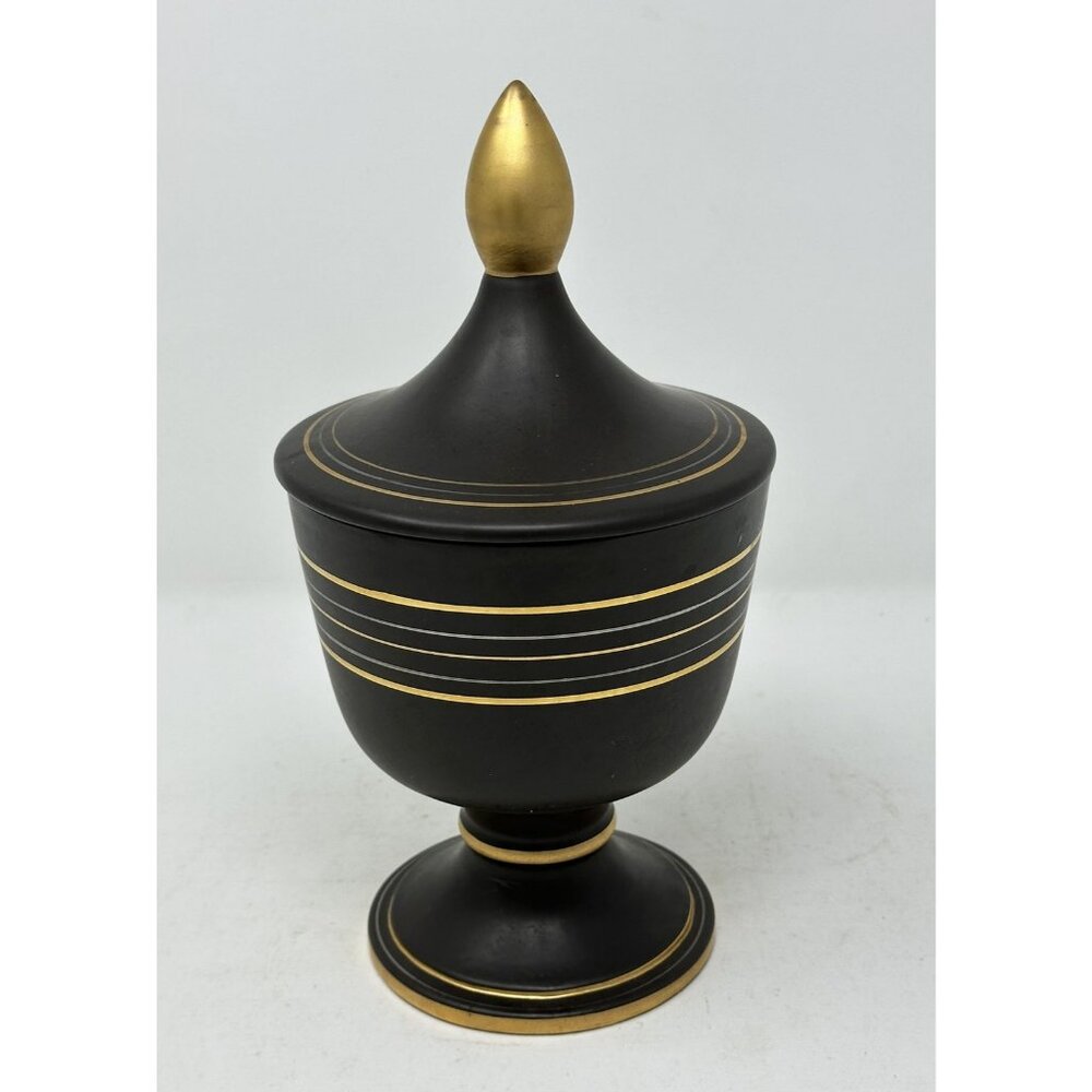 Vtg VEE JACKSON CALIFORNIA 10" URN w/ FINIAL LID Black/Brown Gold Silver Lines